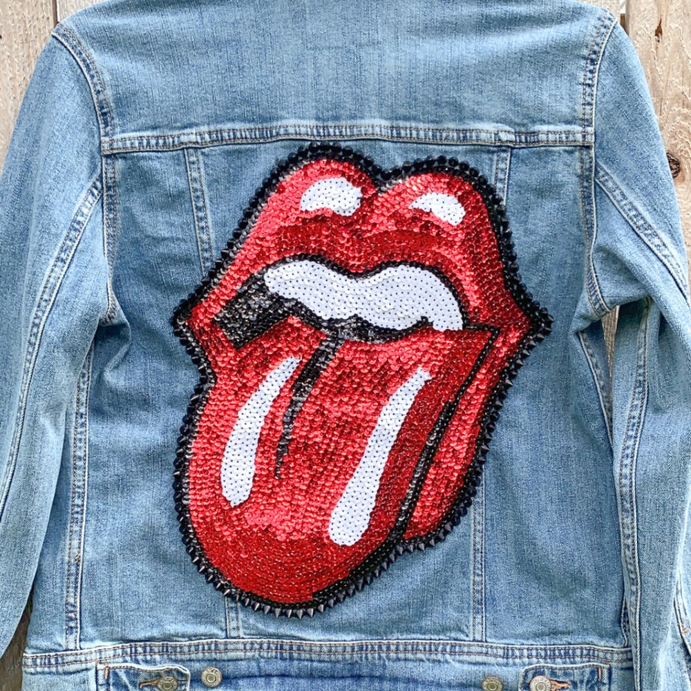 Red Sequin Rock and Roll Rolling Stones Tongue with Black Spikes Jean Jacket